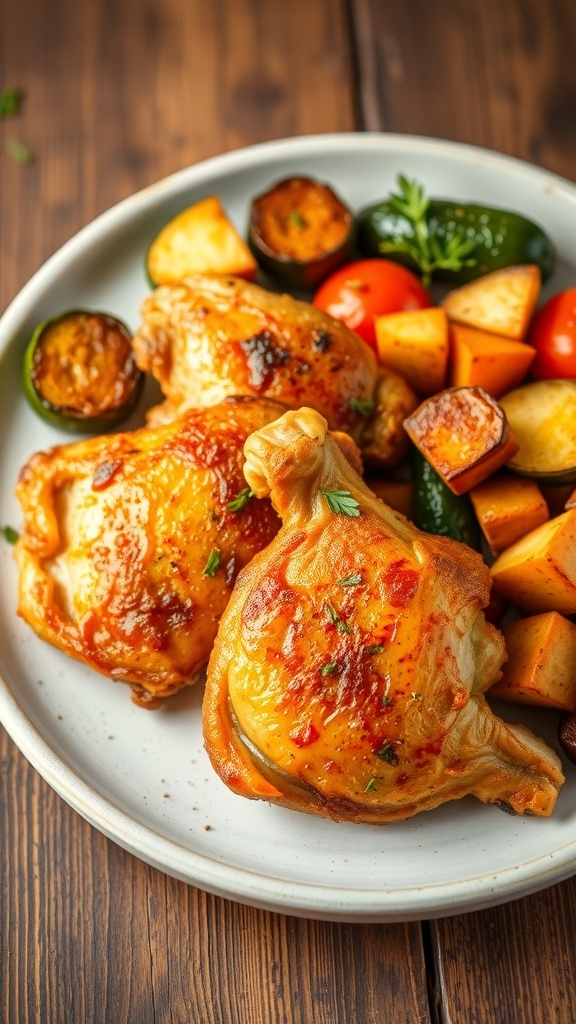 Crispy air fryer chicken thighs with roasted vegetables on a rustic table.